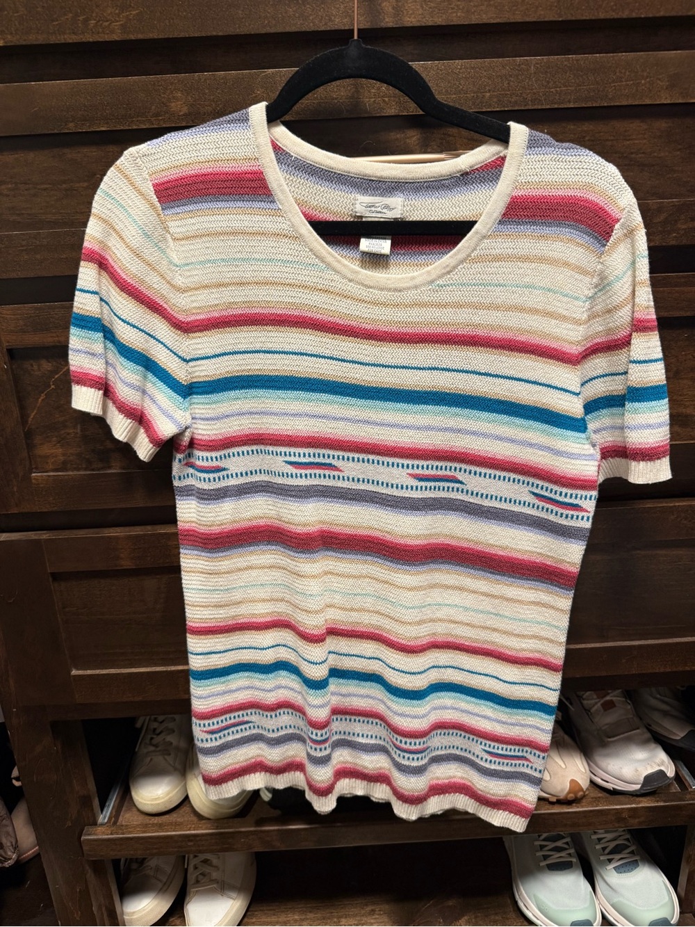 Tasha Polizzi Cream Short-Sleeve Knit Top with Pink, Blue and Tan Stripes